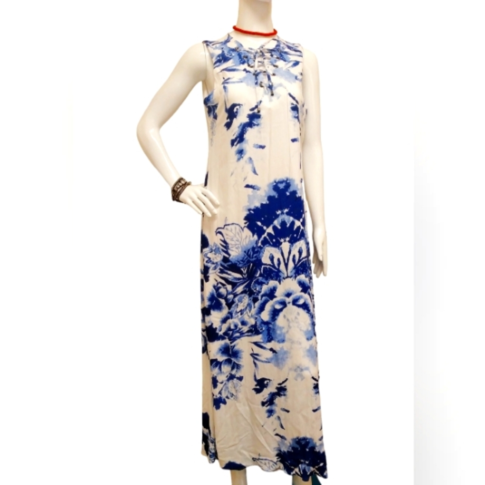 Cleo Short Sleeves Blue/White Maxi Dress Size Small, V - Neck